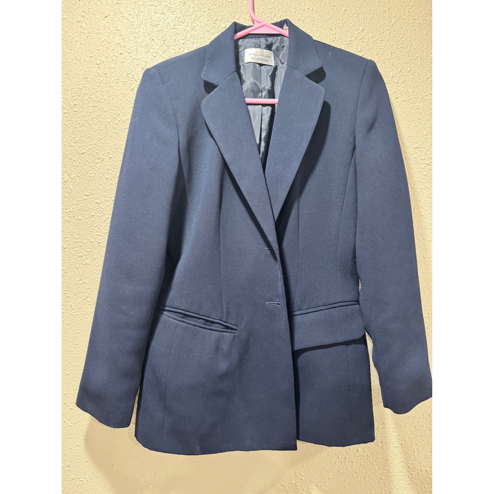 Villager Petite Liz Claiborne Navy Blue Blazer Two Button Office Jacket Womens